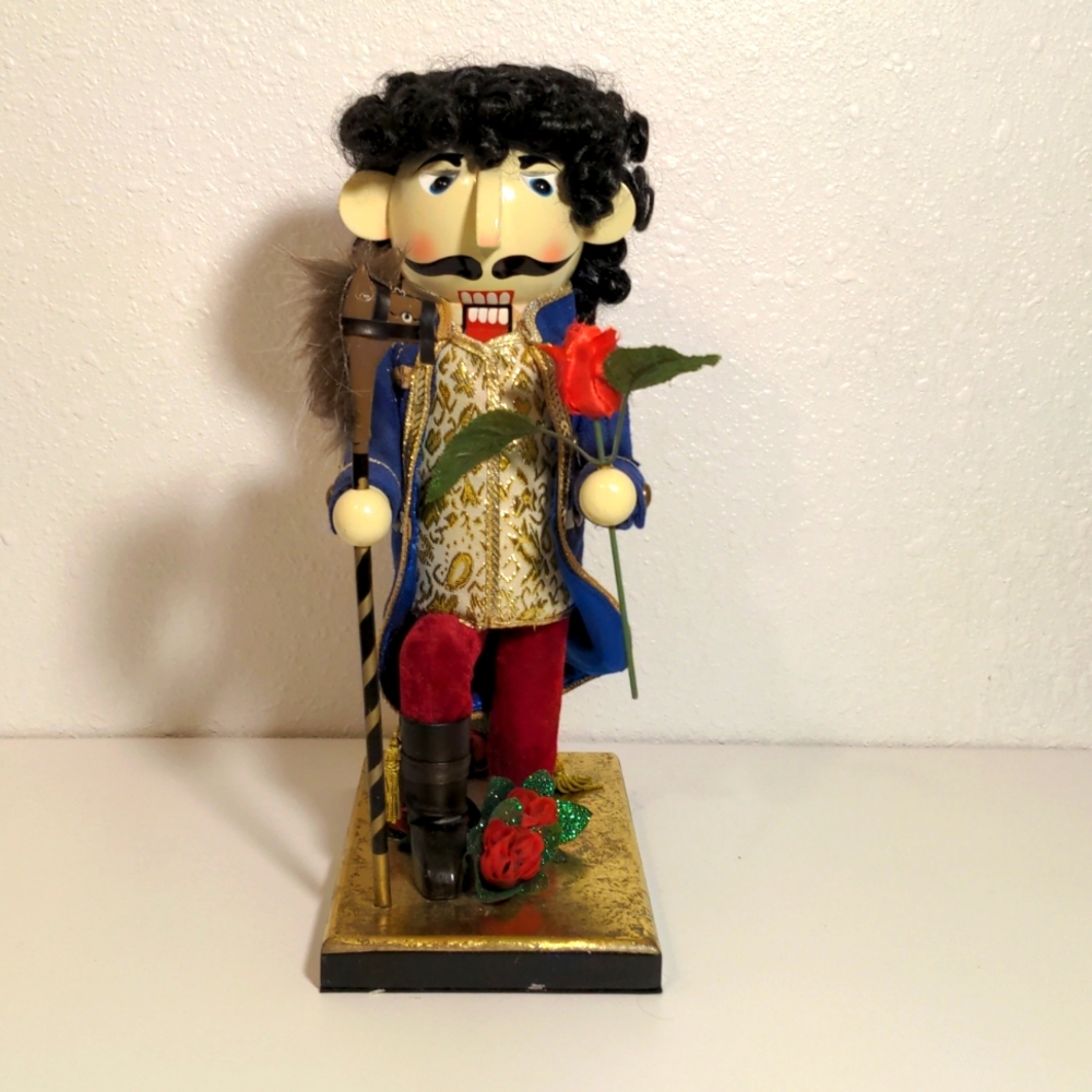 Nutcracker Holiday Christmas gift wood kneeling blue gold red roses romance used